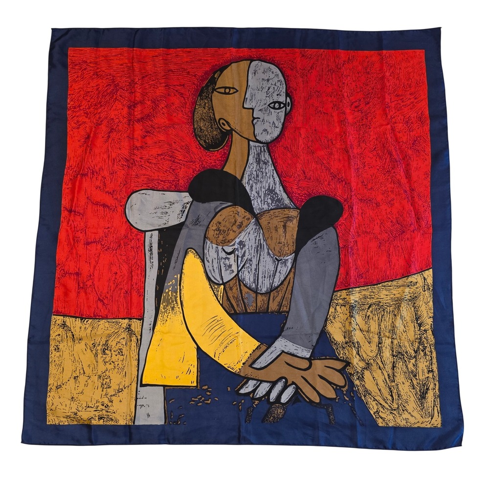 Vintage Picasso Cubist Art Scarf Large Square Red Yellow Blue Abstract Portrait